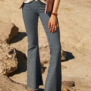Navy and white striped flare pants